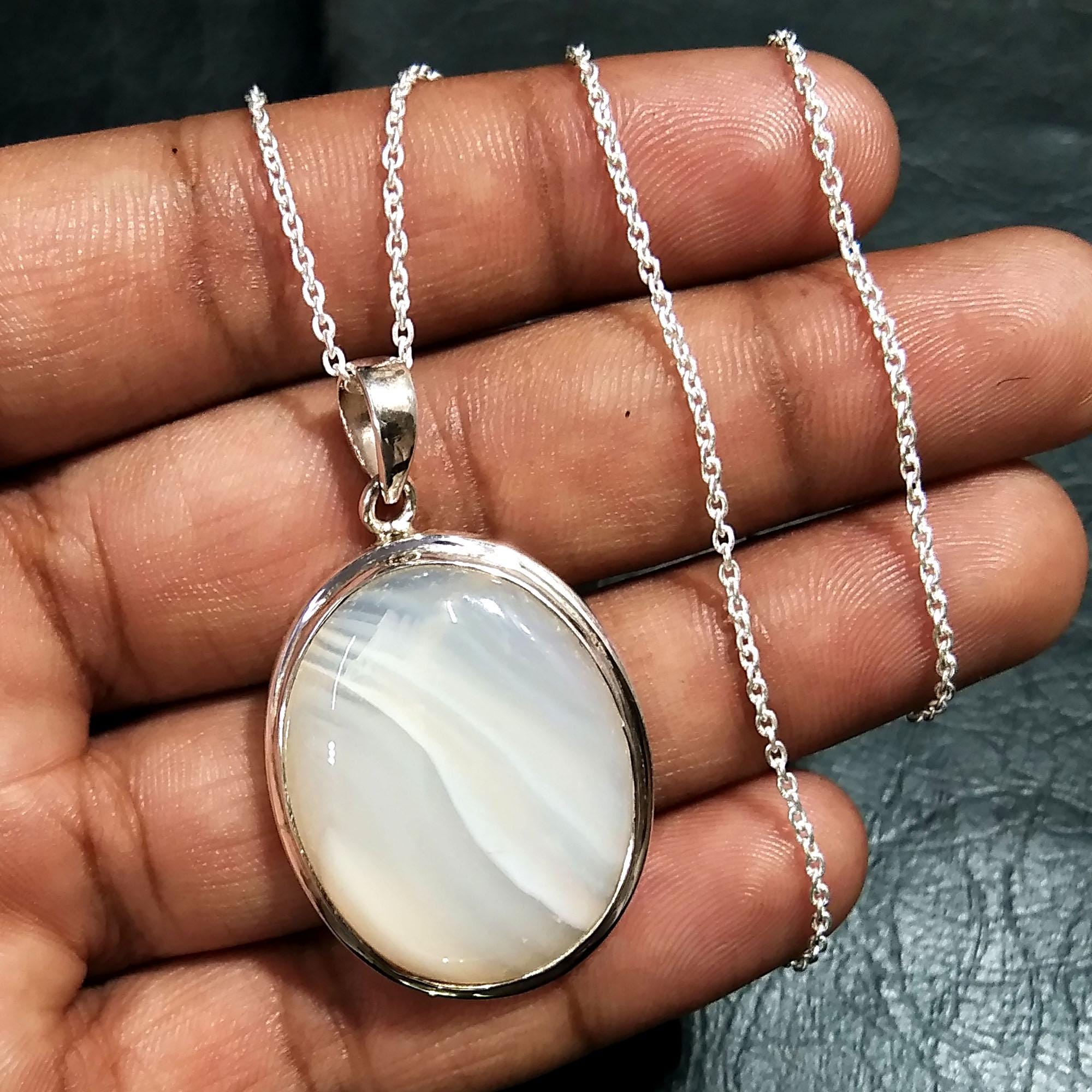 Nature Grey Agate Pendant Chain Necklace, With 925 Starling Silver Jewelry, Grey Agate handmade Pendant, Gift Easter Chain Pendant